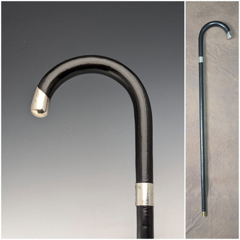 1933 British vintage men's pure silver decorated curved handle walking stick, 82cm